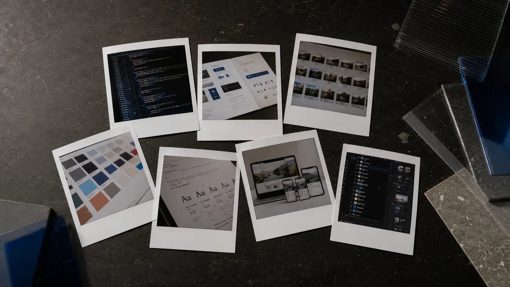 A studio desk covered with organized code, interface, typography, and responsive-layout proofs