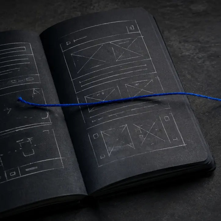 A black notebook with rough website wireframe sketches