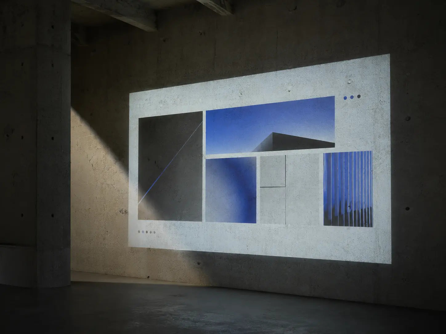 An editorial website design projected onto a concrete wall