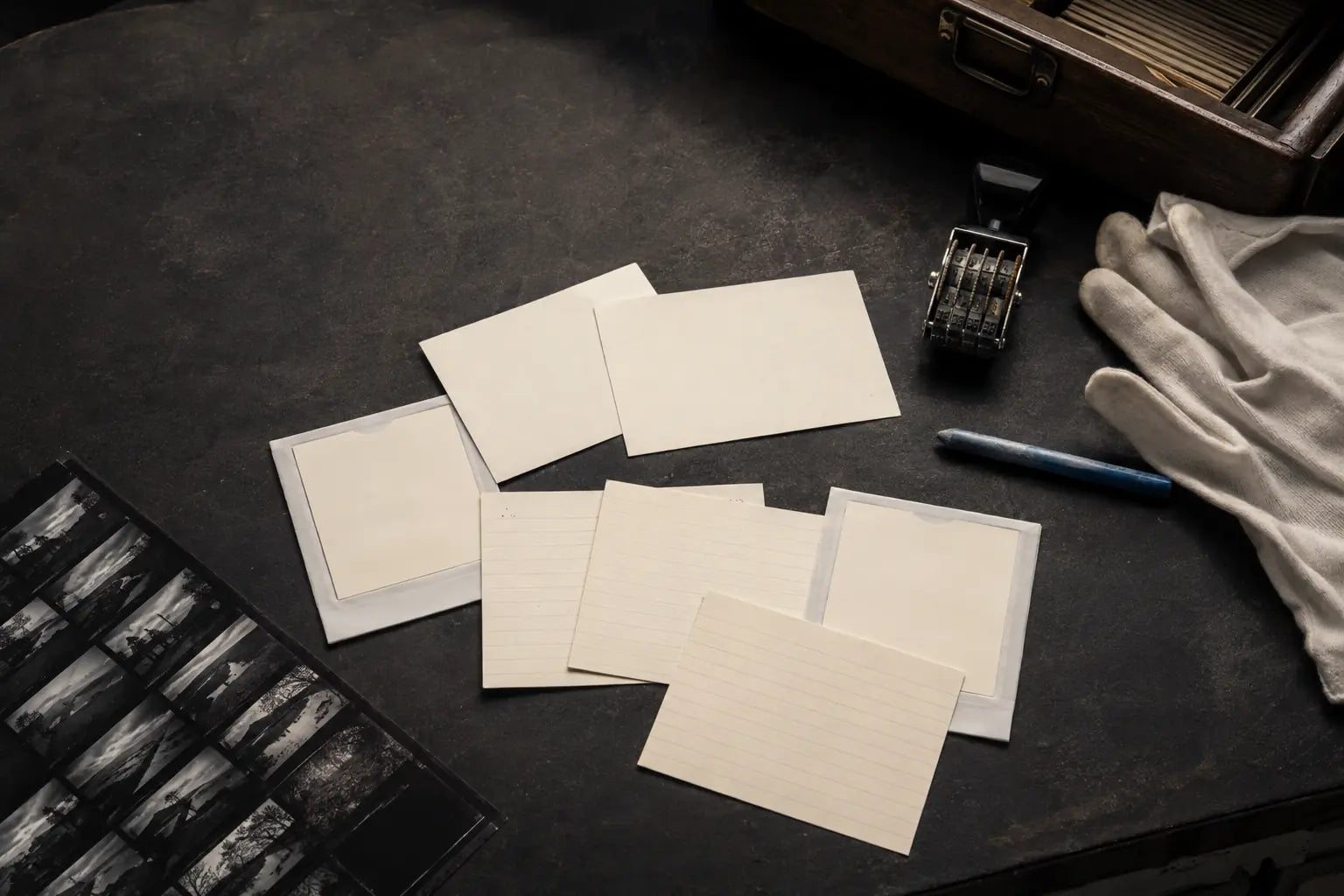 Seven blank review cards and instant-photo sleeves beside a contact sheet, archival drawer, date stamp, blue pencil, and cotton gloves