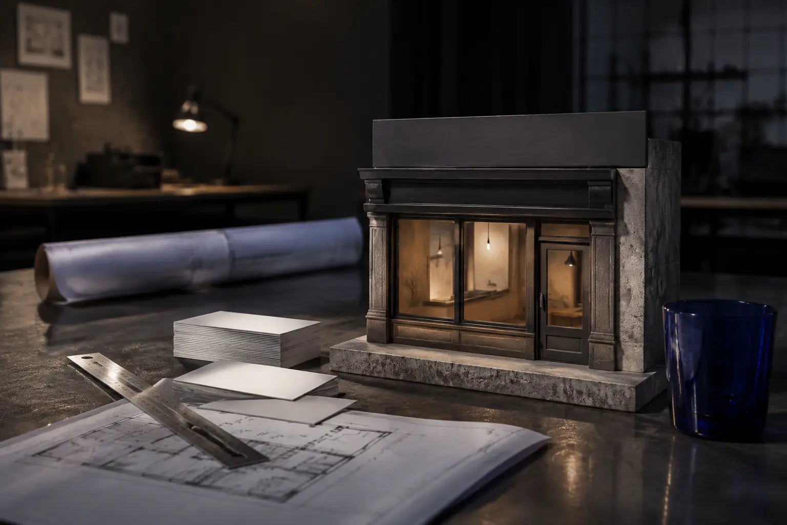 An architectural storefront model, blank stationery, plan, ruler, and cobalt glass in a studio